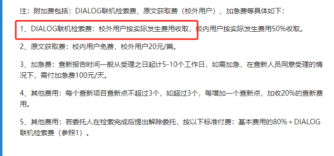 附加费包括DIALOG联机检索费